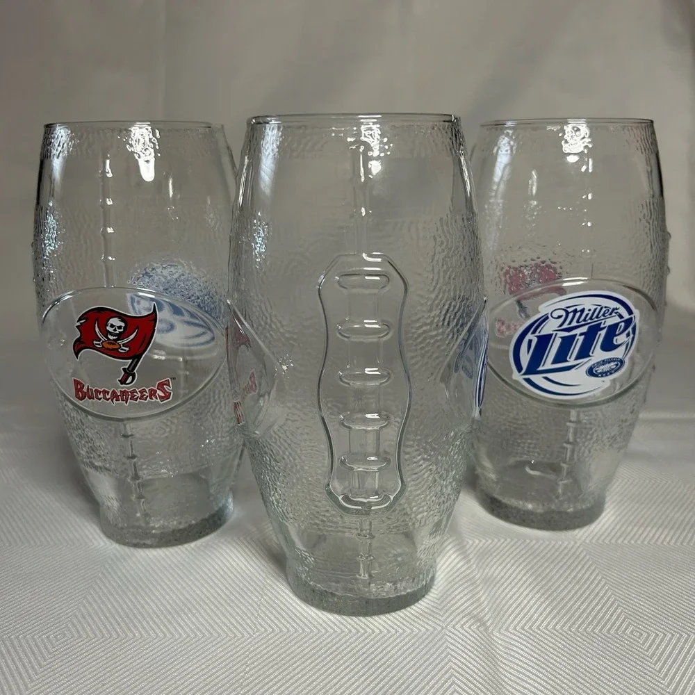 Miller Lite Tampa Bay Buccaneers Logo Football Shaped Pint Beer Glasses (3)